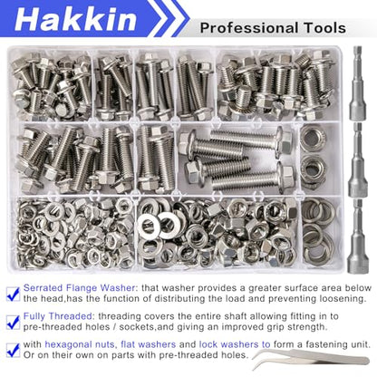 370PCS Metric Flange Bolt Assortment, M6x1.0, M8x1.25, M10x1.5 (12mm to 40mm) Hex Head Bolts and Nuts Assortment, Stainless Steel 304 Flange Bolts Nuts Washers Kit Hakkin, Hex Socket Included - size: M M6 M8 M10 Flanged Bolt Silver 370pcs