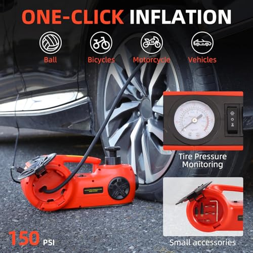 Trihelper Electric Car Jack Set 5 in 1 Floor Hydraulic Jack Kit 5 Ton Truck Lift with Integrated Tire Pump and Impact Wrench for SUV Truck Sedan Vehicle Roadside Emergency Tire Change