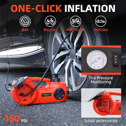 Trihelper Electric Car Jack Set 5 in 1 Floor Hydraulic Jack Kit 5 Ton Truck Lift with Integrated Tire Pump and Impact Wrench for SUV Truck Sedan Vehicle Roadside Emergency Tire Change