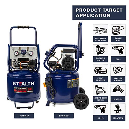 Stealth 12 Gallon Ultra Quiet Air Compressor, 1.5 HP Oil-Free Peak 150 PSI 68 Decibel,5 CFM @ 40 PSI 4 CFM @ 90 PSI Silent Portable Long Life Electric Air Compressor W/Wheel for Garage - style: Manual