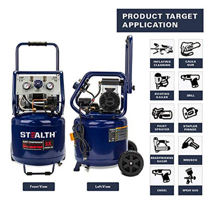 Stealth 12 Gallon Quiet Air Compressor, 1.5 HP Oil-Free Max150 PSI 68 Decibel,5 CFM @ 40 PSI 4 CFM @ 90 PSI Silent Portable Air Compressor W/Wheel for Garage, SAQ-11215 - style: Electronic
