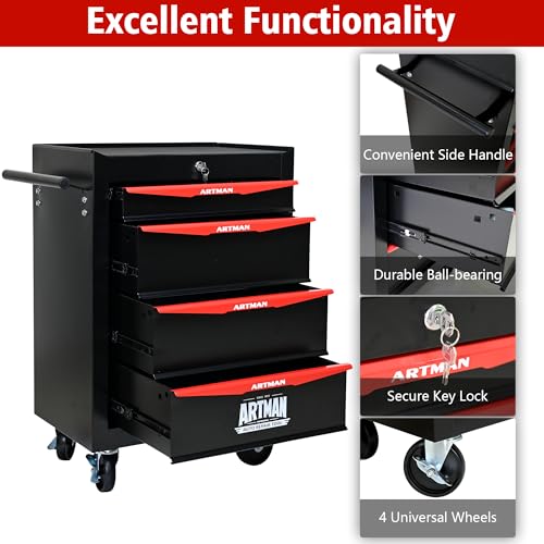 RYH 4/5/6/7 Drawers Rolling Tool Chest - Heavy Duty Mobile Tool Cart with Locking Wheels & Ball Bearing Drawers, 30.5" H x 20.9" W x13 D Garage Tool Storage Cabinet，Metal Tool Box (Black, 4 Drawers) - color: Black-red, size: 4 Drawers（30"H × 20"W × 13"D)