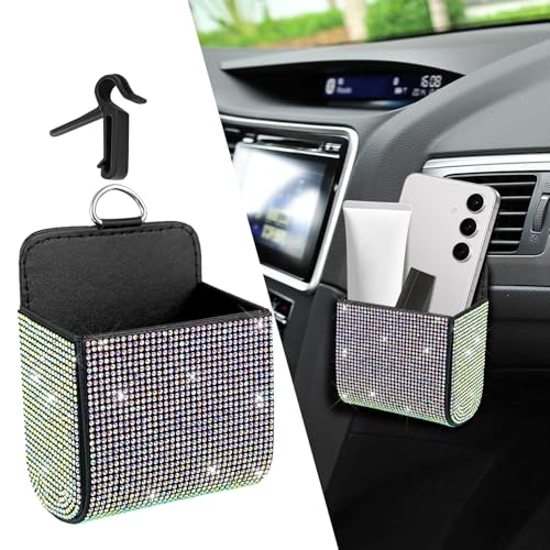 Car Vent Storage Organizer, Coin Holder for Car, Rhinestone Auto Vent Leather Pocket, Universal Car Accessories Bling Automotive Pouch Box with Hook Fit for Sunglasses, Key, Coin (Colorful) - color: Colorful