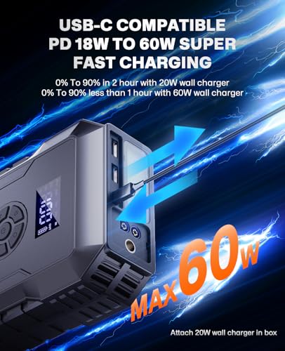 Car Jump Starter with Air Compressor,Jumper Box,12v Battery Charger | portable,160 psi pump pressure,5000A start pk,24000mAh booster pack, 60W fast charging power bank,outdoor emergency kit - color: Black