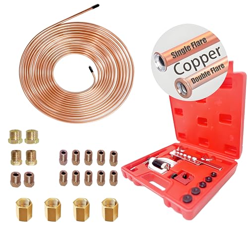 Professional Brake Line Flaring Tool Kit (3/16"-1/2") + 25ft Copper-Coated Steel Line - Double/Single Flare Tool with 16+4 Fittings, Cutter & Case for Automotive/HVAC - size: 3/16-1/2 inch