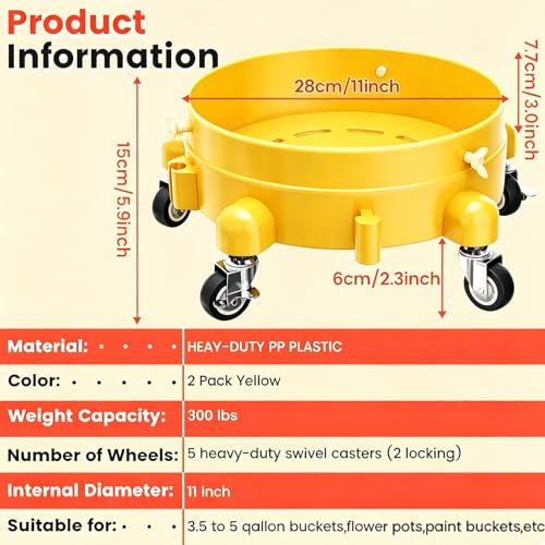 Heavy-Duty Bucket Dolly with Wheels, 5 Gallon Bucket Roller with Locking Casters & Secure Clamp, Rolling Bucket Cart for Cleaning, Gardening, Industrial Use, Max Load 300 Lbs (Yellow) - color: Yellow
