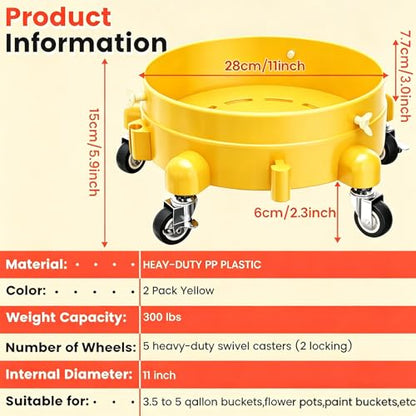 Heavy-Duty Bucket Dolly with Wheels, 5 Gallon Bucket Roller with Locking Casters & Secure Clamp, Rolling Bucket Cart for Cleaning, Gardening, Industrial Use, Max Load 300 Lbs (Yellow) - color: Yellow