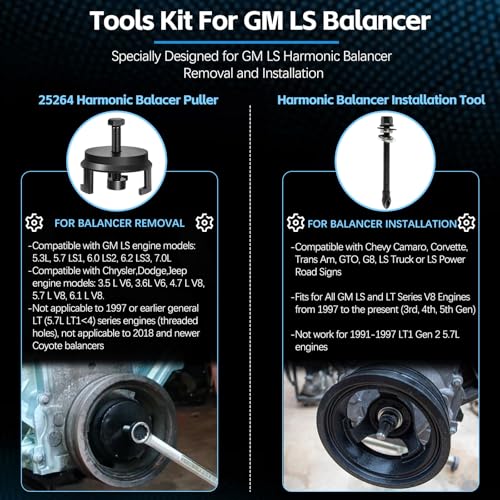 For GM 25264 Harmonic Balancer Puller and LS Harmonic Balancer Installation Tool 1997-UP V8 LS1 LS2 LS3 LS4 LSX LSA LS6 LQ4 LQ9, Crank Pulley Puller and Insatller Set for GM LS LT Engines