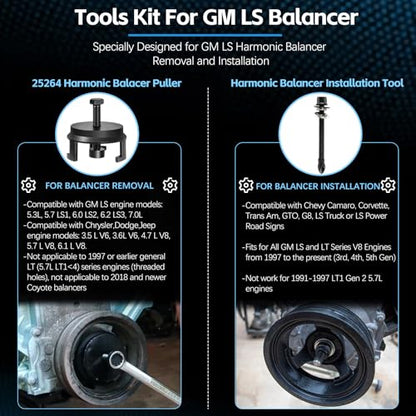 For GM 25264 Harmonic Balancer Puller and LS Harmonic Balancer Installation Tool 1997-UP V8 LS1 LS2 LS3 LS4 LSX LSA LS6 LQ4 LQ9, Crank Pulley Puller and Insatller Set for GM LS LT Engines