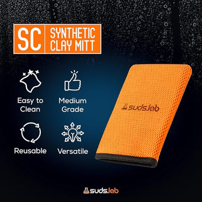 Suds Lab SC Synthetic Clay Mitt for Car Detailing – Reusable Clay Bar Mitt to Remove Paint Overspray, Water Spots, Tree Sap & Rail Dust from Paint, Glass & Plastic