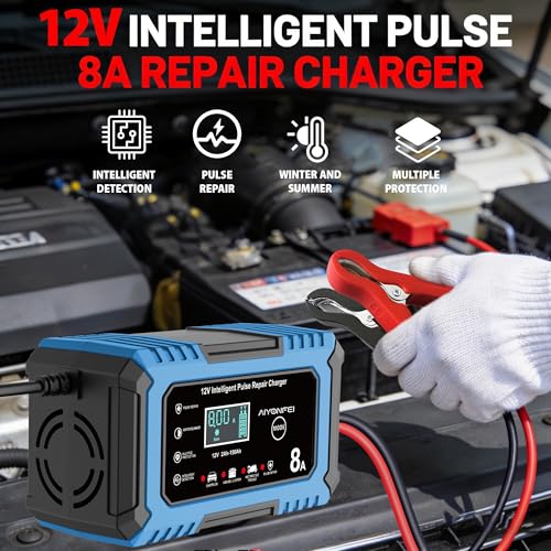 12V Battery Charger 8-Amp Smart Trickle Charger, Blue | Battery Maintainer and Desulfator, Temperature Compensation, for Car, Truck, SUV, Motorcycle, Boat, Lead Acid, LiFePO4 - color: Blue