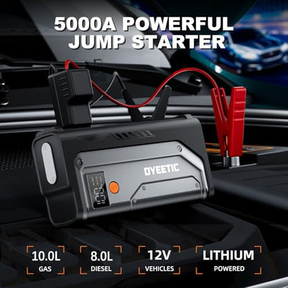 Car Jump Starter 5000A, Jump Starter Portable Battery Pack for 10.0L Gas and 8.0L Diesel Engines, 12V Lithium Jumper Box, Car Starter Booster with Power Bank, LED Light, Jumper Cable - color: Steel