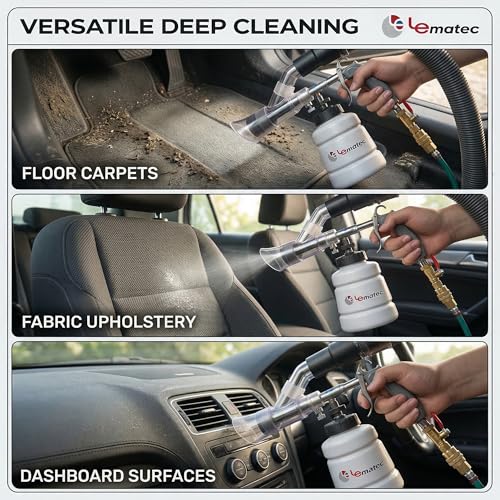LE LEMATEC Air Tornador Car Detailing Gun & Upholstery Extractor Kit | Interior carpet vent cleaner, foam bottle, vacuum attachment, 3000 RPM, 90 PSI, 1/4" NPT compressor - size: 3,000 RPM