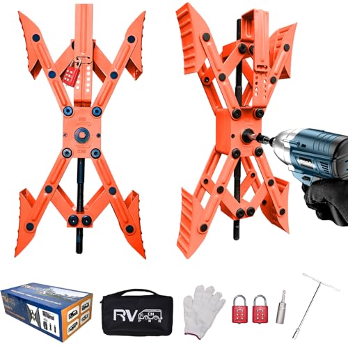 Camper X-Shaped Wheel Chock Stabilizer, 2 Sets RV Stabilizer Wheel Chock Scissor, X Chocks Wheel Stabilizer for Travel Trailer Tires Allow Drill Adjust with Hex Socket, Tool Kit and Password Locks-Red - color: red