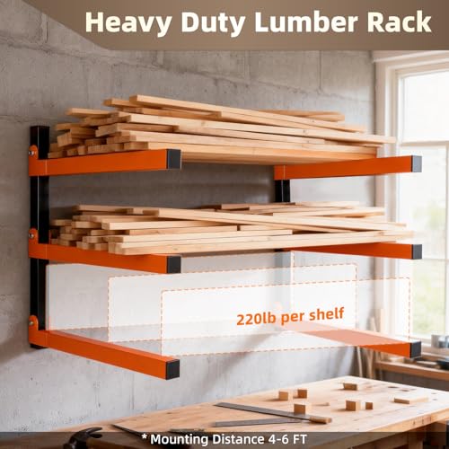 Wall Mounted Lumber Storage Rack and Wood Organizer with 6-Level Holds Up 1320 LBS, Heavy Duty Steel Shelf Brackets for Garages Workshops & Outdoor Sheds, Space Saving Metal Wall Rack