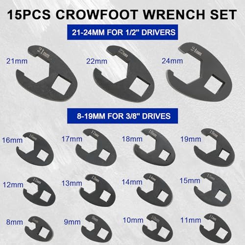 DASBET Crowfoot Wrench Set for 8mm to 24 mm Flare Nuts, 15PCS Metric Crows Foot Wrench Kit for 3/8'' and 1/2'' Drives Ratchets Large & Small Metric Flare Nut Tool Kit for Nut Removal and More