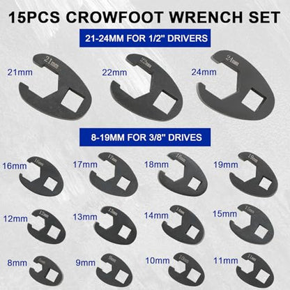 DASBET Crowfoot Wrench Set for 8mm to 24 mm Flare Nuts, 15PCS Metric Crows Foot Wrench Kit for 3/8'' and 1/2'' Drives Ratchets Large & Small Metric Flare Nut Tool Kit for Nut Removal and More