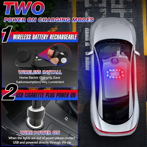 Rechargeable Red Blue Emergency Roof Top Strobe Light Wireless Battery, 48LED 17 Flashing Modes,High Low Brightness,Hazard Traffic Lights w/Magnetic Base, Remote Control for Construction Vehicles - color: Red Blue