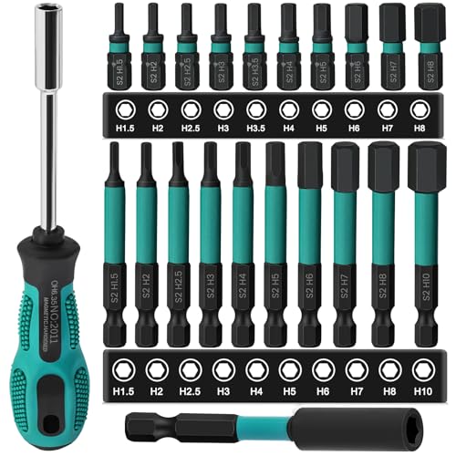20PCS Impact Drill Allen Key Bit Set 25mm+60mm Long, Hex Bit Set H1.5-H10 Metric Impact Screwdriver Driver Bits, 1/4" Hex-Shank S2 Steel with Magnetic Bit Holder & 196mm Handle Screwdriver - style: Set 4: Metric 20Pcs, 25MM and 65MM