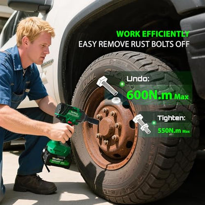 Brushless Cordless Impact Wrench, 550N.m (400 ft-lbs) 1/2" Impact Gun, 2-in-1 Power Drill Combo Kit with 1×Battery, 3-Speed & 4 Sockets and Adapter for Car Tires, Home DIY Tool