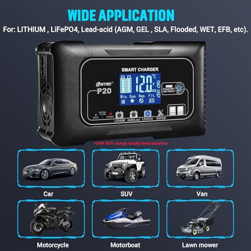 SolaMr Lithium Lifepo4 Battery Charger, 20Amp 12V and 24V Portable Smart Car Battery Charger, Trickle Charger for Lead-Acid(AGM/Gel/SLA..), Deep Cycle Charger for Marine, RV, Motorcycle (P20) - size: P20 Battery Charger