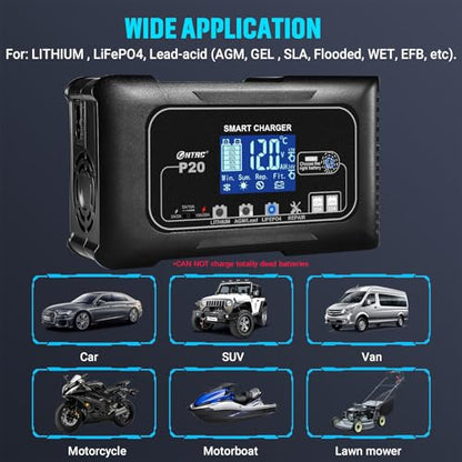 SolaMr Lithium Lifepo4 Battery Charger, 20Amp 12V and 24V Portable Smart Car Battery Charger, Trickle Charger for Lead-Acid(AGM/Gel/SLA..), Deep Cycle Charger for Marine, RV, Motorcycle (P20) - size: P20 Battery Charger