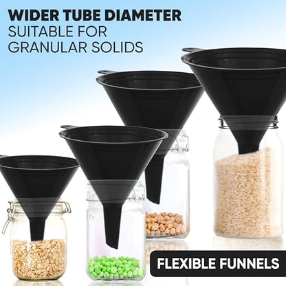 LIQVEE™ Funnels for Kitchen Use – Black Set in 4 Sizes (122, 101, 76 & 50mm) | Durable, Non-Toxic Food Grade Plastic – Ideal for Filling Bottles, Jars & Containers | Perfect for Kitchen, Garage & Labs