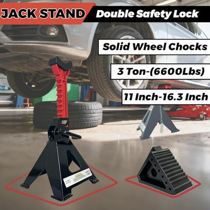 HENBOW Jack Stands，3 Ton Jack Stands with Solid Wheel Chocks，6600lbs Capacity,11"-16.33" Adjustable Car Lift Stands with Double Pin Locking,Black,1 Pair - color: Black-1