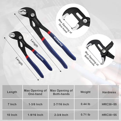 WORKPRO 2 Piece Groove Joint Pliers Set, 7 & 10-Inch Water Pump Pliers | CR-V Tongue and Groove Pliers with V-Jaw Design & Comfort Grips for Plumbing, Auto & Home Repair - size: 7 & 10-Inch