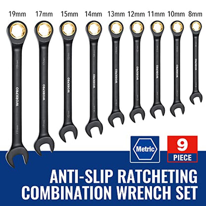 WORKPRO 9-Piece Anti-Slip Ratcheting Combination Wrench Set, Metric 8-19 mm, 72-Teeth, Cr-V Constructed, Black Ratchet Wrenches Set with Roll Up Pouch - style: Metric