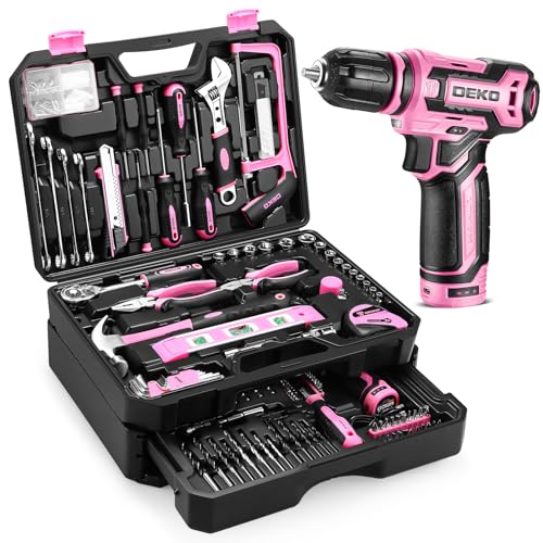 Pink Tool Kit Box Drill Set：DEKOPRO Home Mechanic Toolbox with 12V Power Cordless Drill Hand Repair Tools Sets Combo Kits Storage Organizer Drawer Case for Men & Women - color: Pink