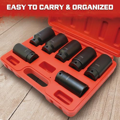 7Pcs Axle Nut Socket Set, 6-Point Metric 1/2 Impact Socket Set, 29mm to 38mm, 1/2” Drive Deep Spindle Axle Nut Impact Socket Set with Storage Case, Cr-Mo