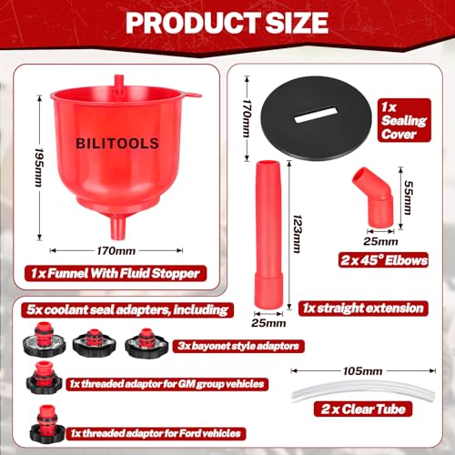 BILITOOLS Radiator Coolant Pressure Tester & Vacuum Refill Kit and Spill Free Coolant Funnel Kit