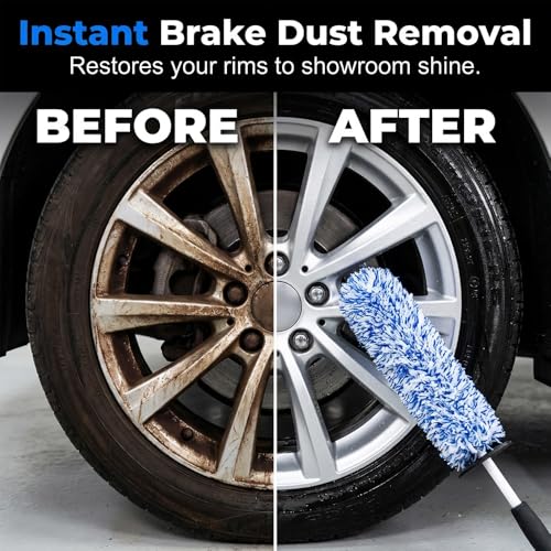 Wheel Barrel Cleaning Brush,2026 New Long Handle Microfiber Wheel Brush Car Duster,Lightweight Rim Detailing Tool for Narrow Spokes & Brake Calipers - color: Black Brush/1pcs