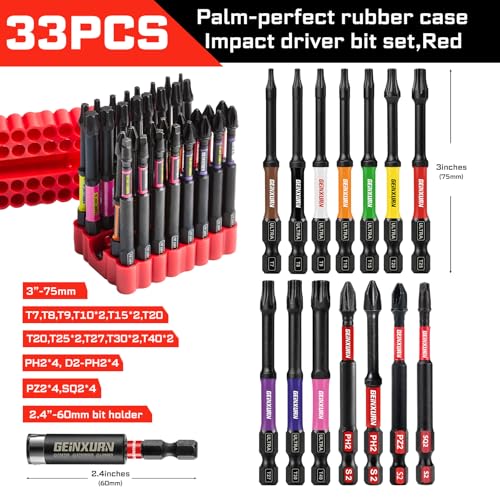 Geinxurn Impact Screwdriver Bits Set, 33 Pieces 3”Multi Head Magnetic S2 Steel Driver Bits PH/SQ/Torx/Pozi With Red Soft Base - color: 75-multi-bit, size: 3"-33PCS