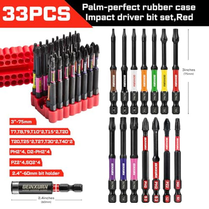 Geinxurn Impact Screwdriver Bits Set, 33 Pieces 3”Multi Head Magnetic S2 Steel Driver Bits PH/SQ/Torx/Pozi With Red Soft Base - color: 75-multi-bit, size: 3"-33PCS