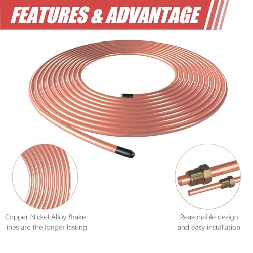 25 Ft Copper-Coated Brake Line Kit, 1/4” brake line Tubing Coil with 20 Fittings, Gold - size: 1/4 inch
