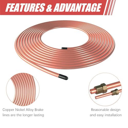 Copper Coated Brake Line 3/16 Coated Steel Brake Line Tubing Kit (3/16" x 25FT) with 16 Fittings & 4 Unions - size: 3/16 inch