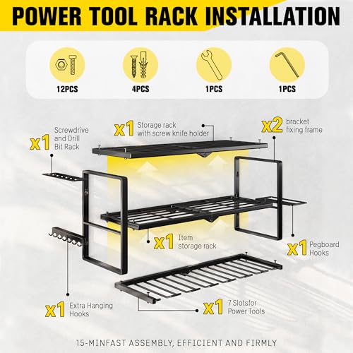 Hipidian Power Tool Organizer Wall Mount- 300lb Heavy Duty 3-Tier Storage Rack with 7 Drill Holders for Garage Tools, Best Birthday Tools Gifts for Men Dad Husband - size: 7 Slots 3 Layers