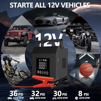 Car Jump Starter Portable with Air Compressor, 4000A 150PSI Tire Inflator | 4-in-1 Jump Box, 12V Battery Emergency Booster Pack for Cars, Power Bank & LED Flashlight, Fast Charge, Auto Shut-off
