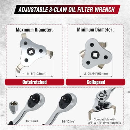 GOOACC Oil Filter Wrench Set, Oil Filter Pliers & 3-Jaw Removal Tool, Adjustable Universal Heavy Duty Carbon Steel Wrench for Cars Motorcycles Trucks, 2-Piece