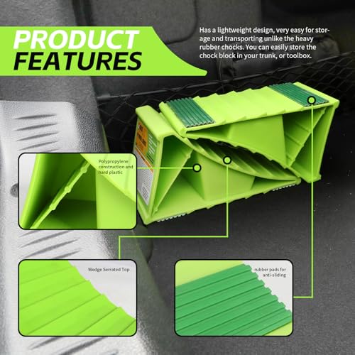 MaxxHaul High Visibility Polypropylene Wheel Chocks 8.4" x 4.75" x 4.25" Non-Slip Base Lightweight Durable Tire Chocks for Cars Trailers and Small RVs Neon Green (50230), 2 Count (Pack of 12) - size: 8.4" x 4.75" x 4.25" - Pair (Pack of 12)