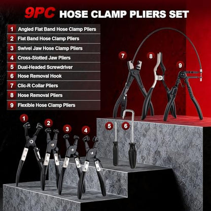 9PCS Hose Clamp Pliers Set, Long Reach Flexible Wire Hose Clamp Remover Tool for Automotive Coolant Radiator Heater & Water Hoses with Swivel Jaw and Flat Band Clamps