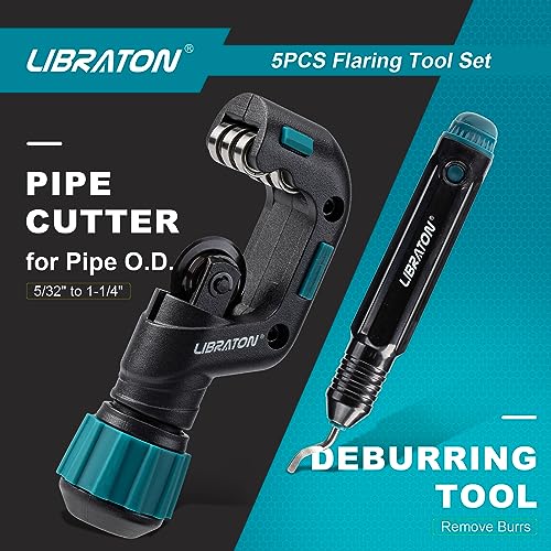 LIBRATON Flaring Tool, HVAC Flaring Tool Kit, Copper Flaring Tool, 45° Eccentric Single Flare Tool for 1/4''-3/4'' and 6-19mm with Pipe Cutter, Deburring Tool for Copper Aluminum Pipe