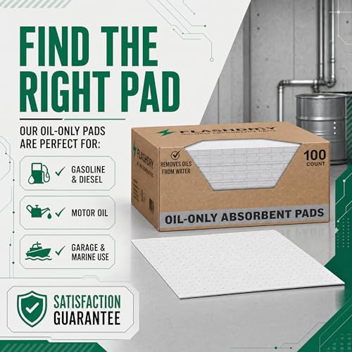 FlashDry Oil Absorbent Pads, High Absorbency 17.5” x 13.5”, 100 Count | Oil absorbing sheets, Water-Repellent, Tear-Resistant, Premium Mats, Ideal for Garage, Driveway, Automotive, Marine Use - size: 100 Pads - 2mm