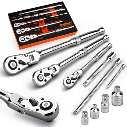 10-Piece Flex-Head Ratchet Set, 1/4", 3/8" & 1/2" Drive Socket Wrenches, 90-Tooth Quick-Release Reversible Low-Profile, Extension Bars (4", 10", 6") & 4 Adapters for Automotive, Bike, and Home Repair - style: 10pcs Ratchet Set