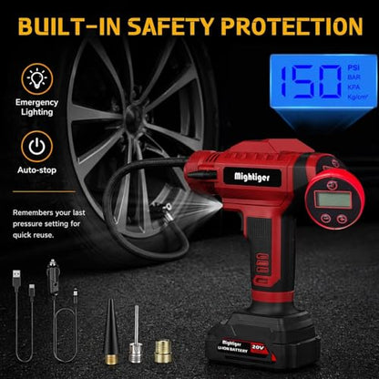 Power Cordless Tire Inflator 20V Mini Air Compressor DC 12V Portable Handheld Car Drill Air Pump 150PSI with Rechargeable Battery, Auto Shut Off, LED, Digital Pressure Gauge - size: 2000mAh*5