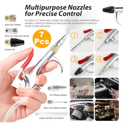 7PCS Air Compressor Accessories Kit, 1/4" NPT Quick Connect Air Tool Set for Compressor, Includes Blow Gun, Extension Nozzle, Rubber Tip, Inflation Needles & Adapter – Alloy Construction