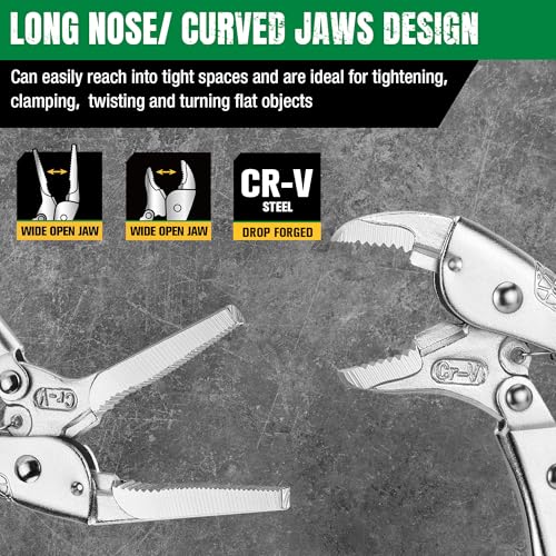 SK 5-Piece Locking Pliers Set, Long Nose & Curved Jaw Vice Grips | Vise Grip Pliers, Premium CR-V Steel, Ergonomic Anti-slip Handle, Ideal for Welding or Assembly, with Rolling Pouch - size: 5-Piece