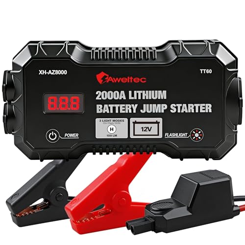 2000A Car Battery Jump Starter – Portable Jump Box for 8.0L Gas & 6.5L Diesel Engines, 12V Lithium Power Bank with USB Ports, Jumper Cables, 3-Mode LED Light – Roadside Emergency Kit